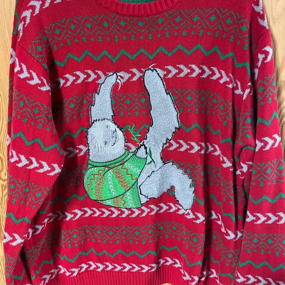 Cozy Red and Green Crewneck Sloth Sweater with Festive Design